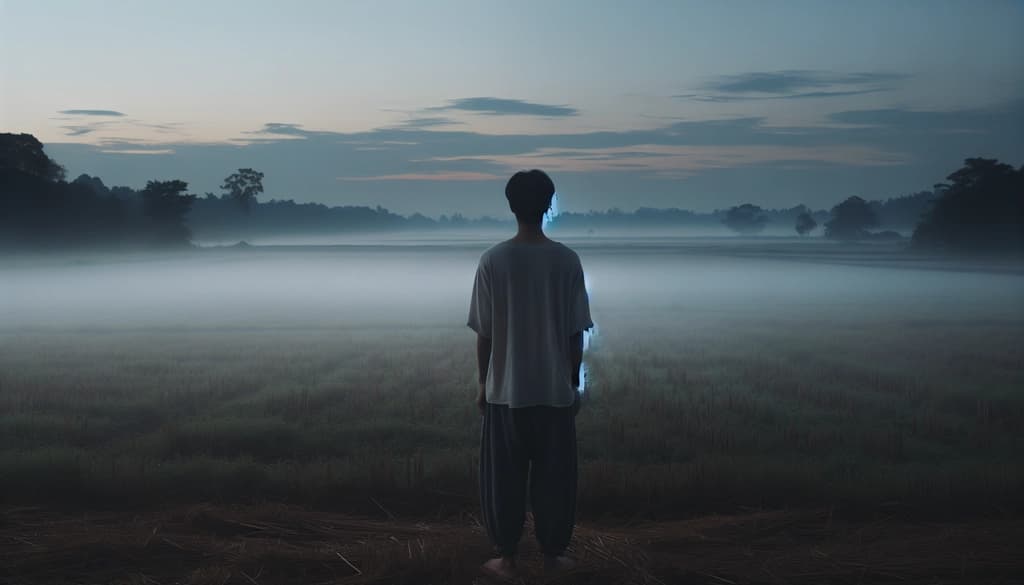 Person in a misty sunrise field, pausing between sorrow and hope.
