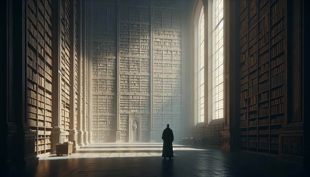 Person in a quiet library, sunlight casting long shadows, lost in reflection.