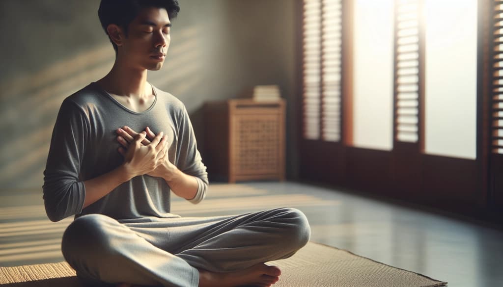 Person in quiet meditation, hands on heart and abdomen, reflecting on inner experiences.