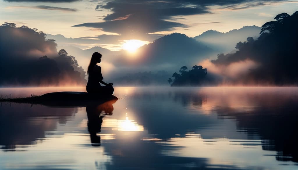 Person meditates by a misty lake at sunrise, blending with the serene landscape.