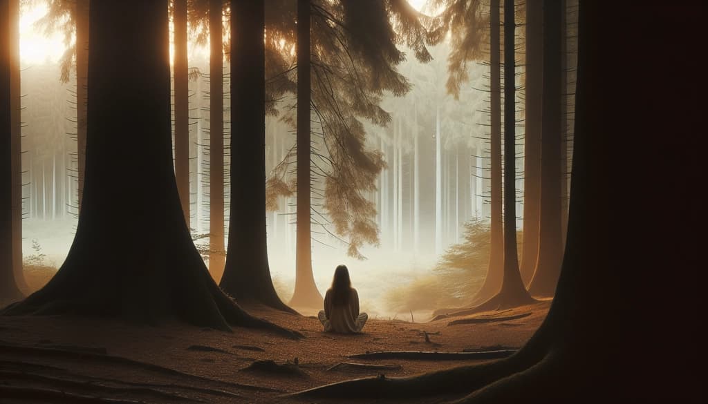 Person meditating alone in a misty forest at dawn, hands resting quietly in their lap.