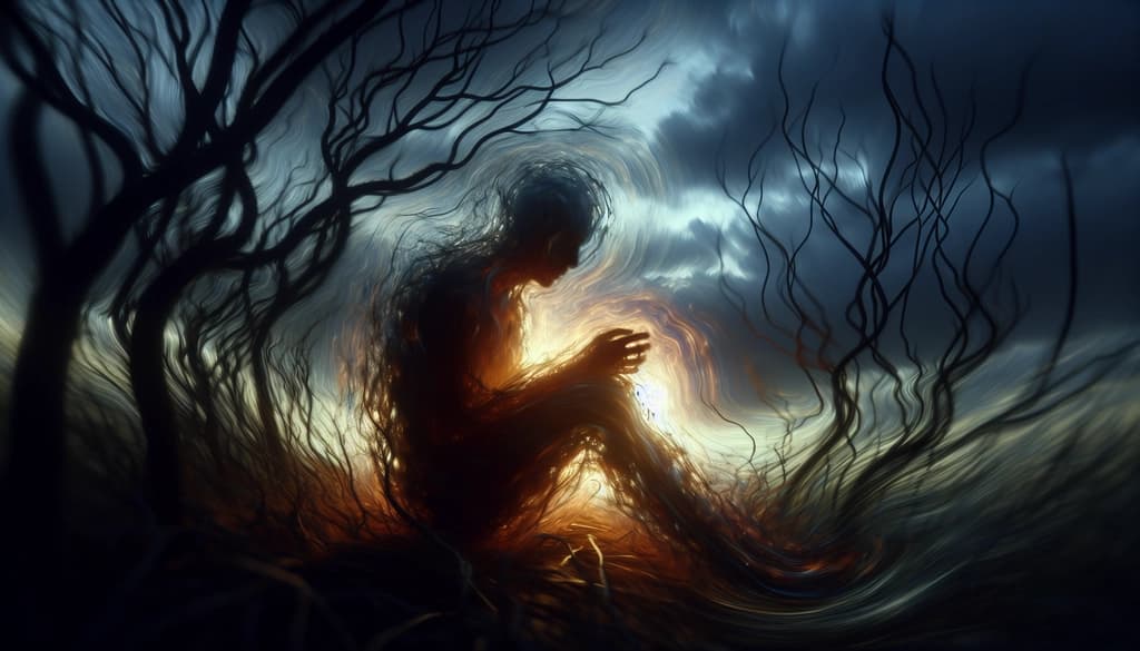 Person meditating amidst swirling trees at dusk, surrounded by movement yet quietly serene within.