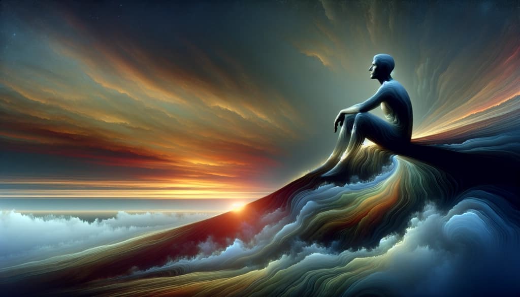 Person meditating at dawn on a hillside surrounded by mist.