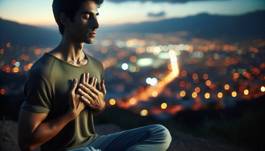 Person meditating at dusk, hands open, between longing and peace.