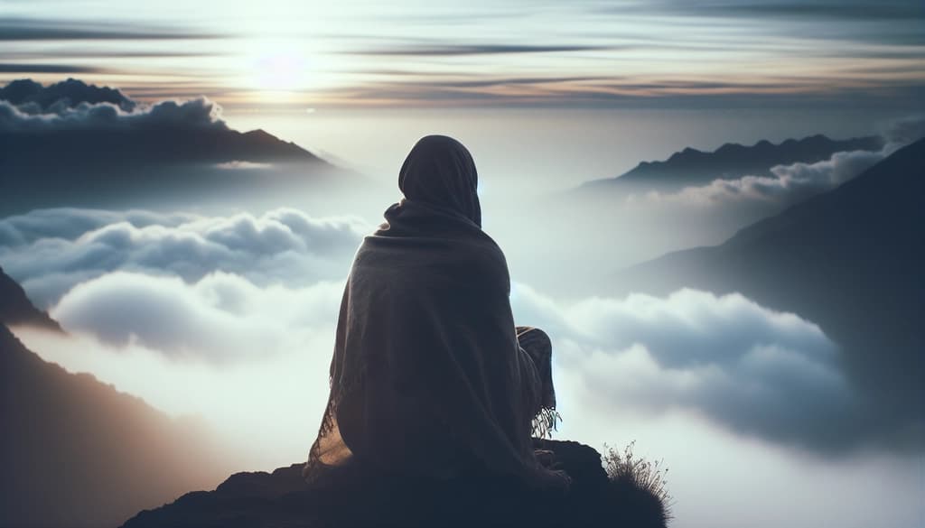 Person meditating at sunrise, surrounded by clouds and soft light on a mountaintop.
