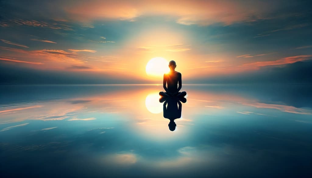 Person meditating beside still water at sunrise, with reflection blending into the sky.