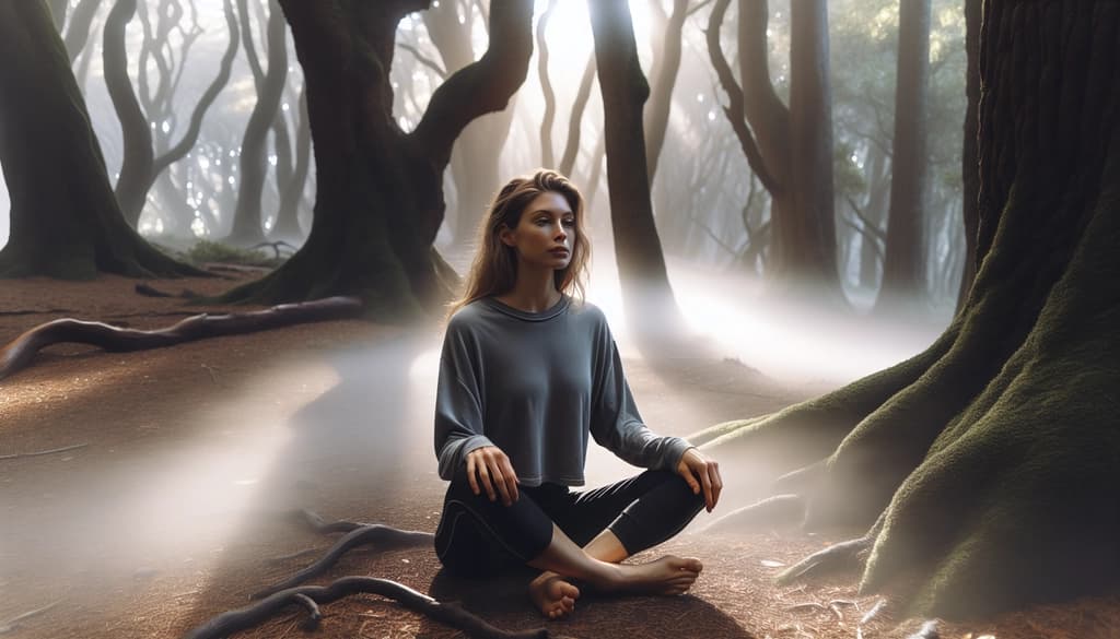 Person meditating in a misty forest, relaxed and softly aware.