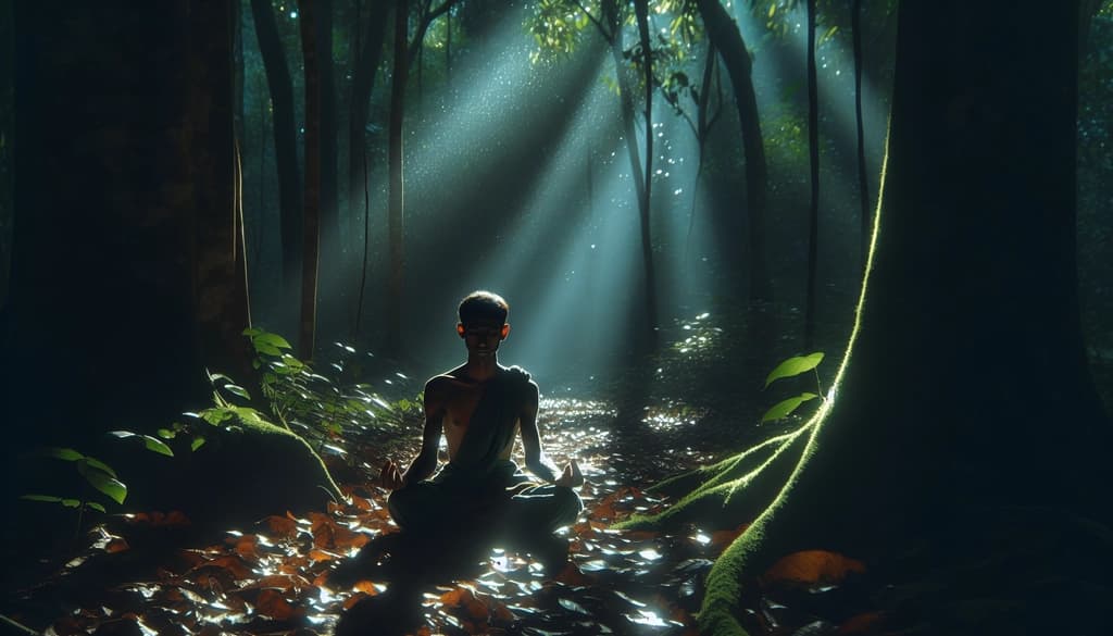 Person meditating in a sunlit forest, eyes closed, hands open in lap.