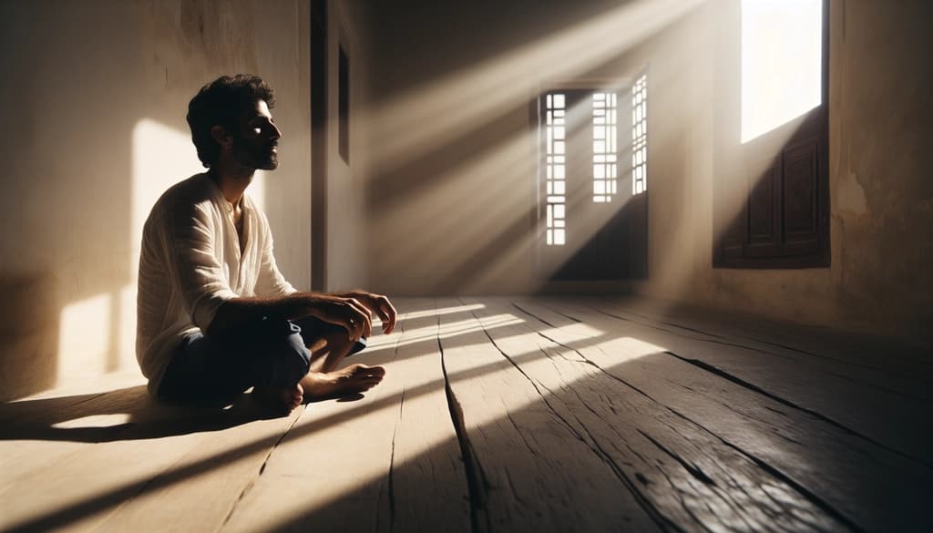 Person meditating in a sunlit room, calm and unguarded.