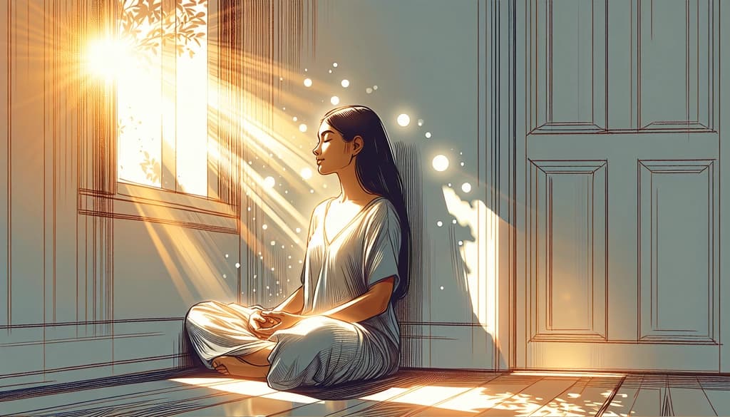 Person meditating in a sunlit room, eyes closed and relaxed, surrounded by gentle light.