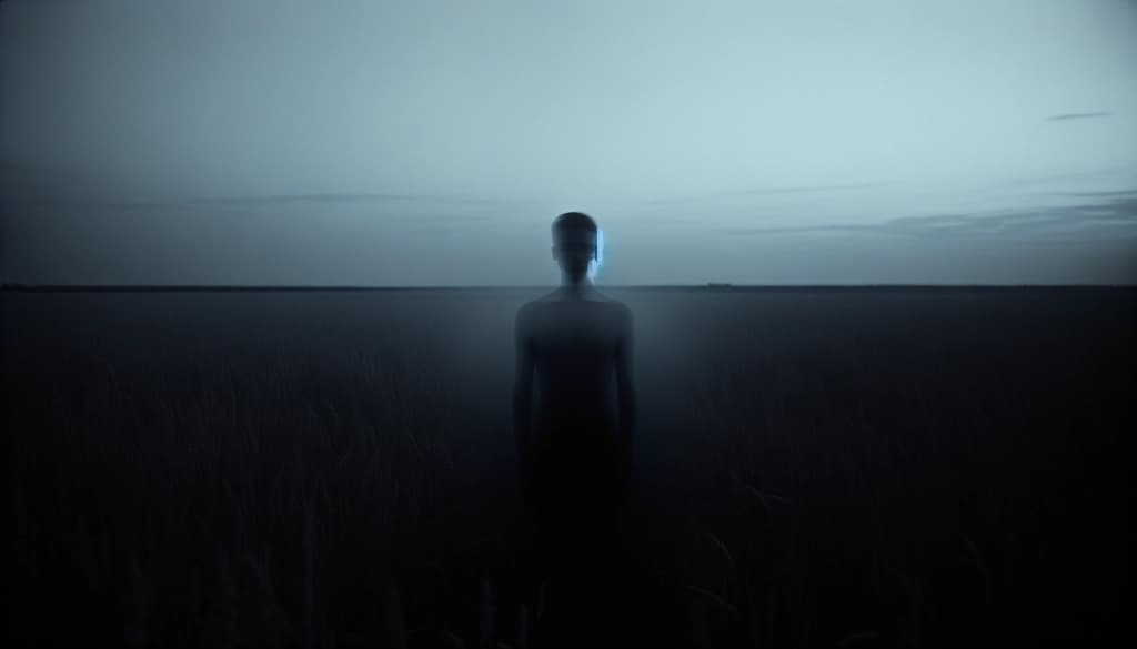 Person meditating in a vast field at dusk, blending with open sky and horizon.