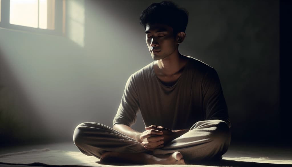 Person meditating in morning light, reflecting on suffering and self-liberation.
