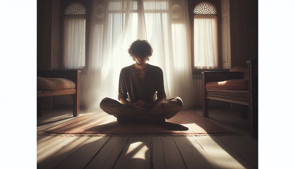 Person meditating in soft morning light, their body gently relaxed but with a hint of inner tension, surrounded by quiet stillness.