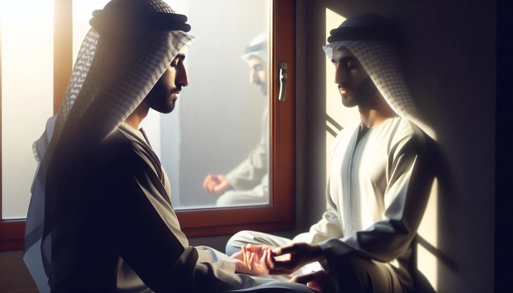 Person meditating near a window, shadowed and illuminated, hinting at layers of identity.