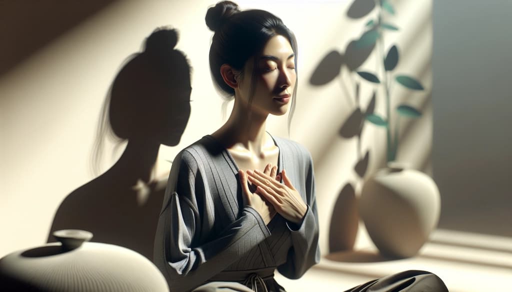 Person meditating with one hand on heart, bathed in soft light and shadows.