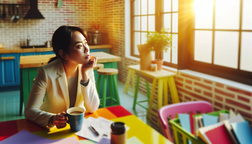 Person pausing at a kitchen table with a cup, sunlight streaming in, surrounded by notes.