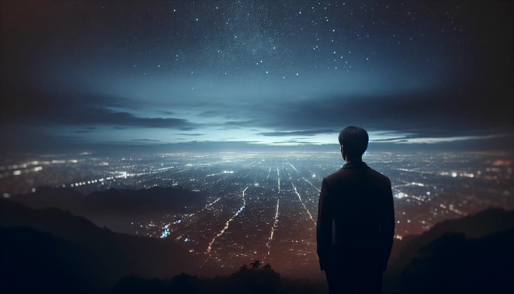 Person quietly reflecting at dusk, overlooking a distant city.