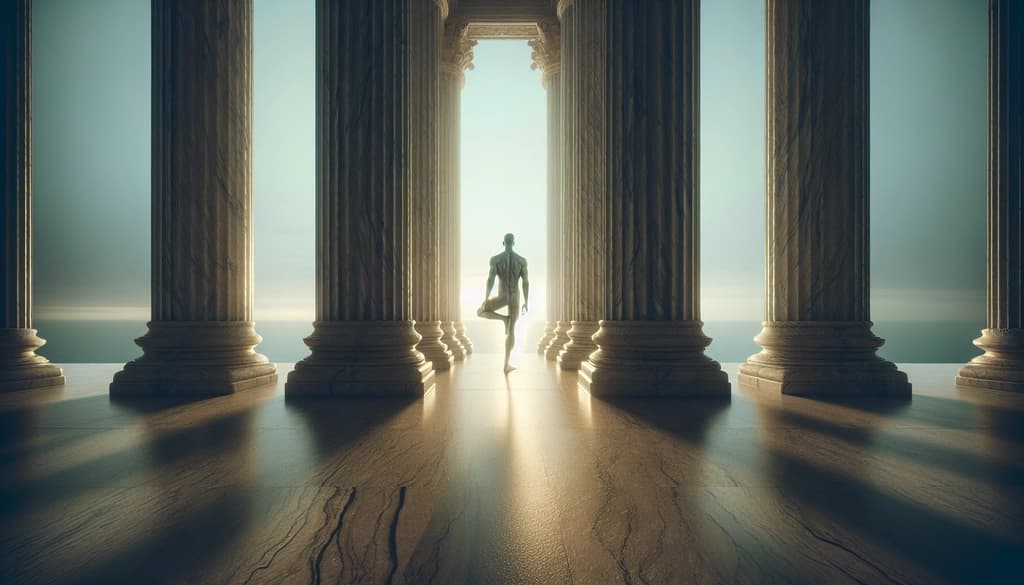 Person quietly seated by ancient Greek columns under soft light.