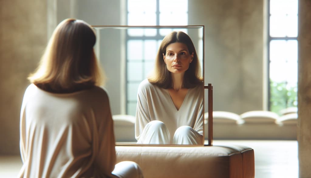 Person sitting and observing their reflection in a mirror with calm curiosity.