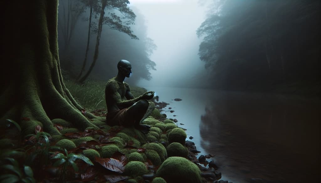 Person sitting by a misty river at dusk, hands open in acceptance.