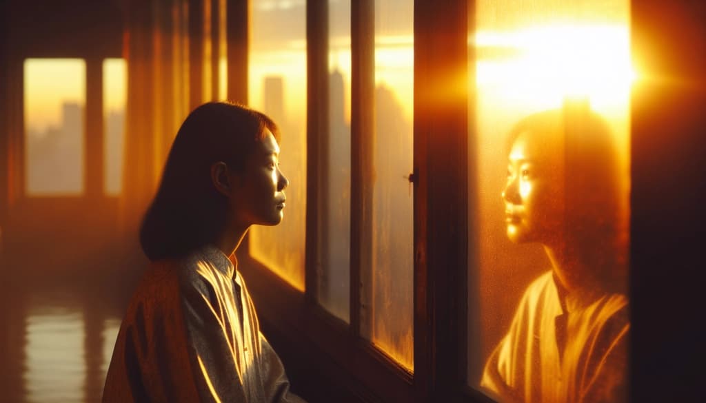 Person sitting by a sunlit window, softly gazing at their own reflection.