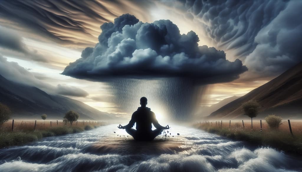Person sitting calmly on a riverbank as turbulent water flows nearby, embodying quiet presence amid movement.