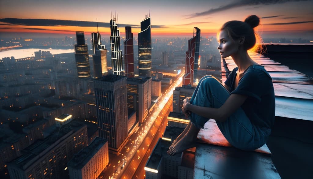 Person sitting calmly on a rooftop at sunset, city in the background, facing change with acceptance.