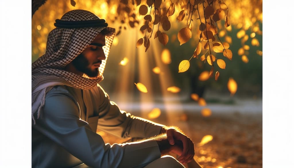 Person sitting in dappled autumn shade, golden leaves falling, light and shadow across their face.