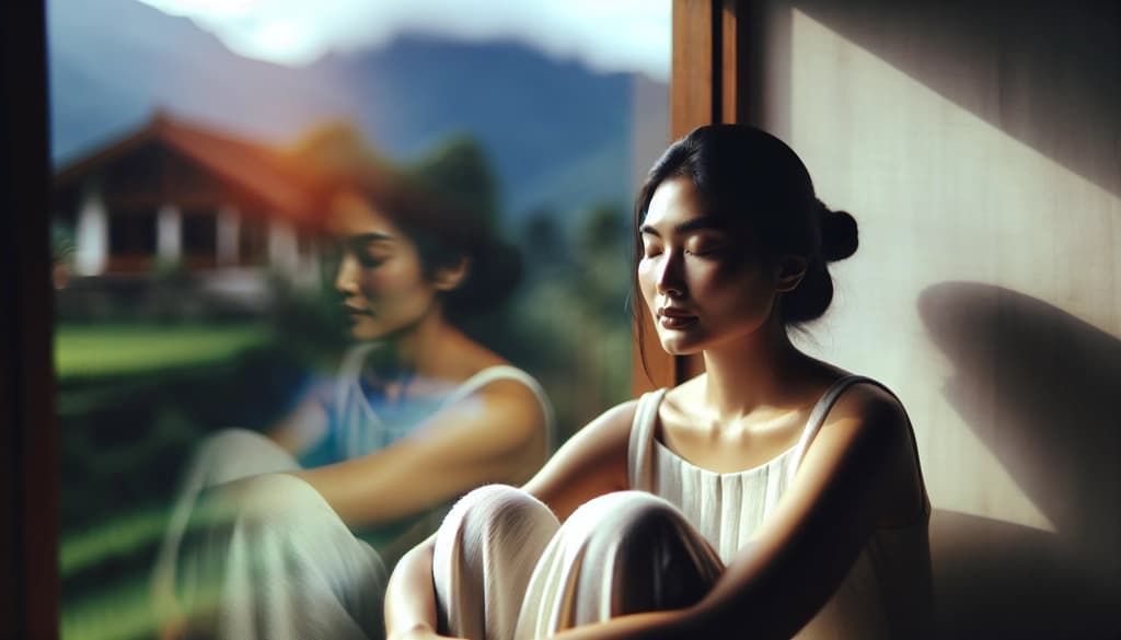 Person sitting in meditation by a window, eyes closed, with relaxed posture and soft natural light.