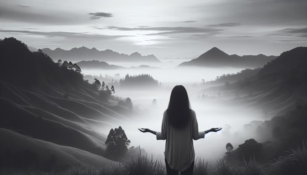 Person sitting in stillness at dawn amid soft hills, enveloped by morning mist.