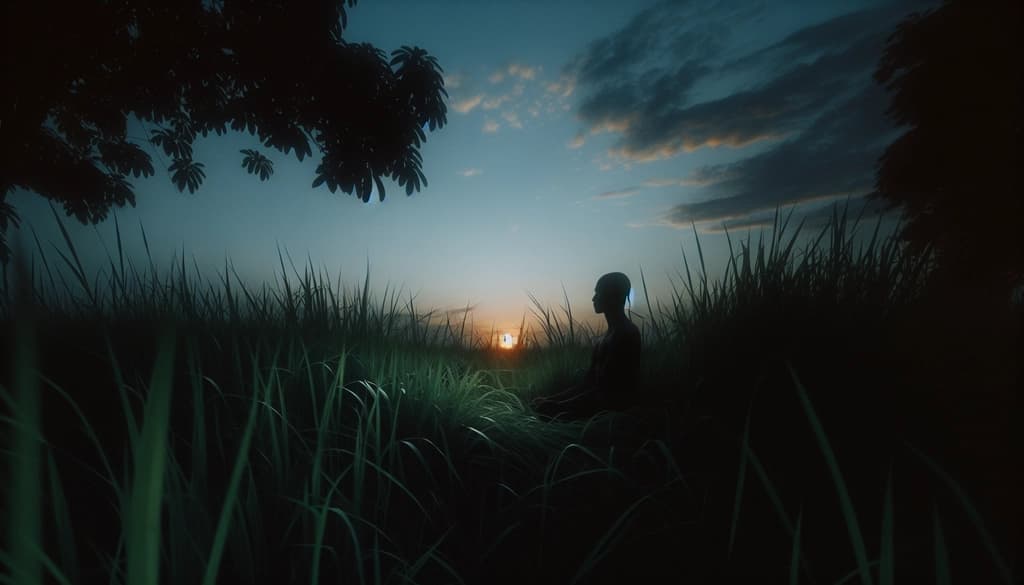 Person sitting quietly in nature beneath a wide sky, suggesting quiet self-reflection and release of egoic identity.