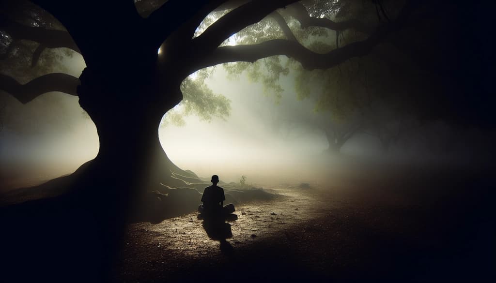 Person sitting quietly under a tree at dawn, with mist and gentle stillness.