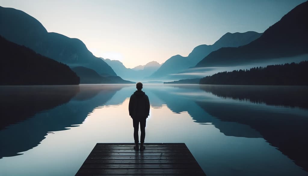 Person standing alone beside a quiet lake at sunrise, mist drifting over water and mountains.