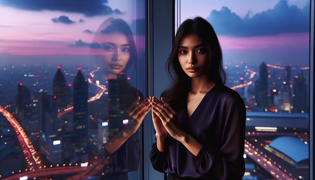 Person standing at an urban window at dusk, pausing to reflect as city life continues below.