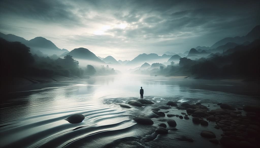 Person standing at river's edge in early light, water quietly flowing past smooth rocks.