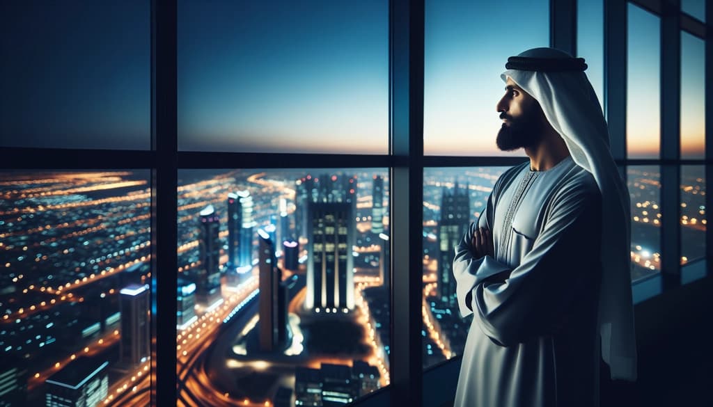 Person standing by a window in the city at dusk, appearing deep in contemplative thought.