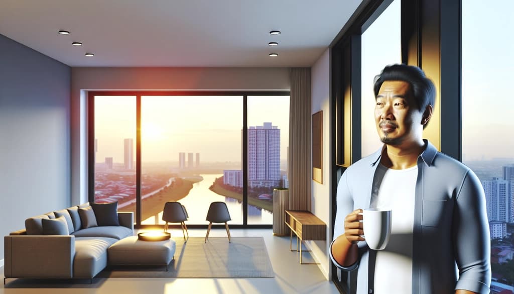 Person standing by a window overlooking the city at dawn, quietly reflecting.