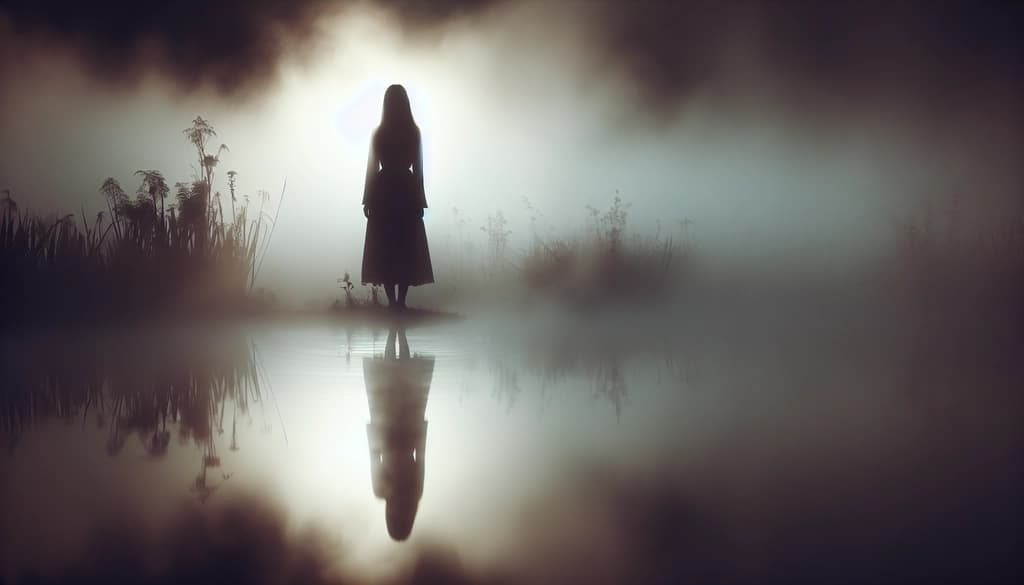 Person standing by misty pond at sunrise, reflecting quietly.