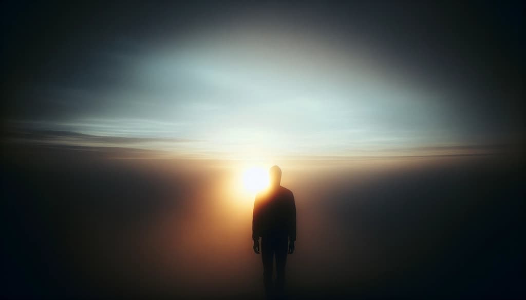 Person standing in early morning mist, merging with the soft horizon.