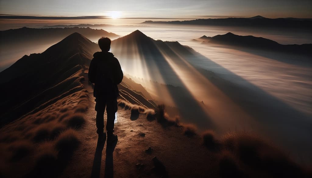 Person standing quietly at sunrise on a misty mountain, suspended in a moment of stillness.