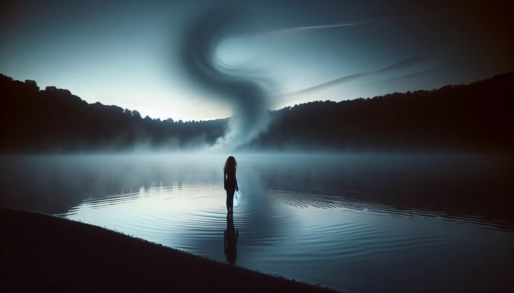 Person standing quietly by a misty lake at sunrise, reflecting in still water.
