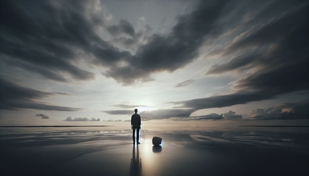 Person stands quietly under gray clouds, holding a stone, presence-filled and still.