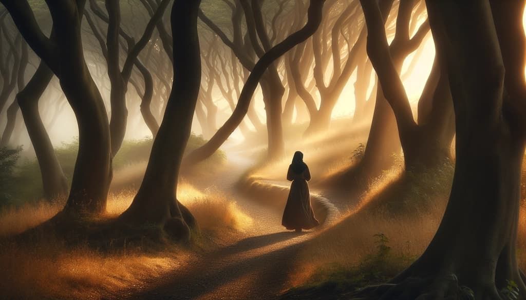 Person walking a misty forest path at sunrise, reflecting on their journey.