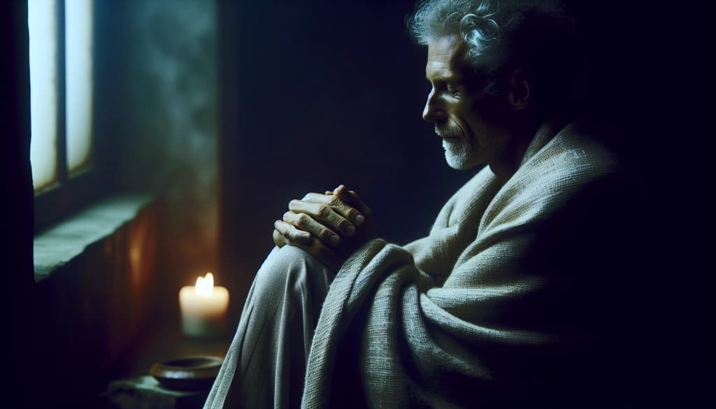Person wrapped in a blanket, sitting alone with a candle, holding themselves with gentle compassion.