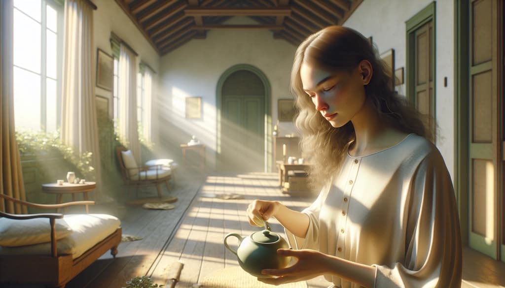 Person calmly pouring tea in warm, peaceful room bathed in golden light