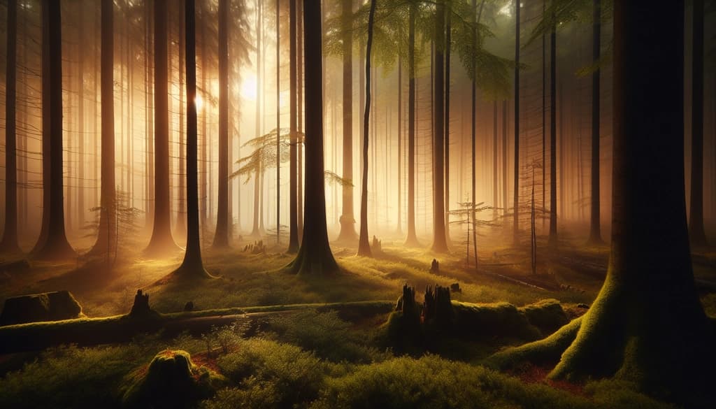 misty sunrise forest scene with soft golden light and gentle fog creating a quiet, reflective mood