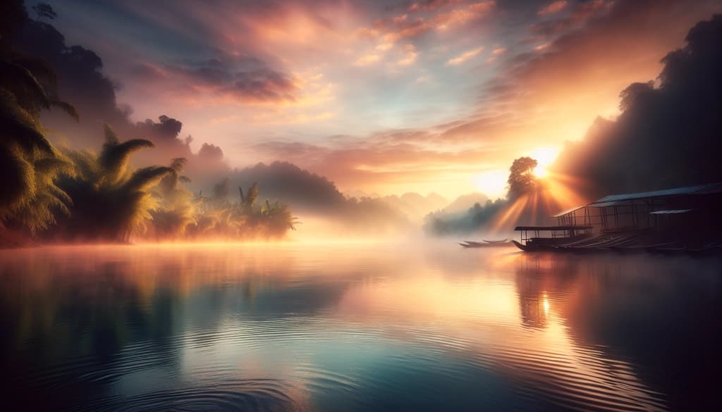 Serene misty river at sunrise with soft pastel colors and calm water ripples