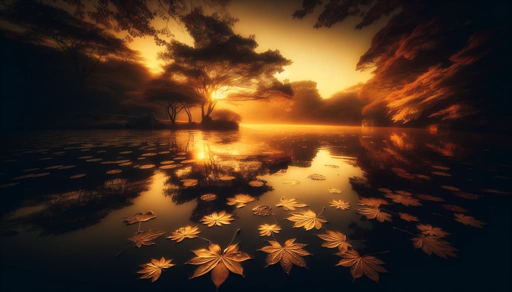 Soft sunset over a tranquil pond with drifting leaves, evoking the peace of endings and gentle transformation.