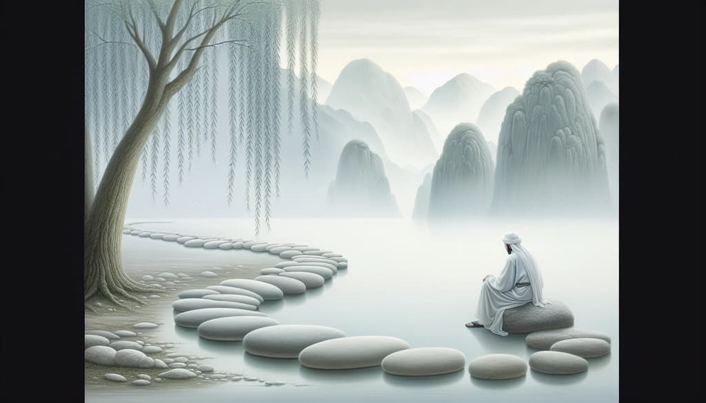 Stone path and a quiet figure near a misty river, suggesting East and West philosophies meeting.