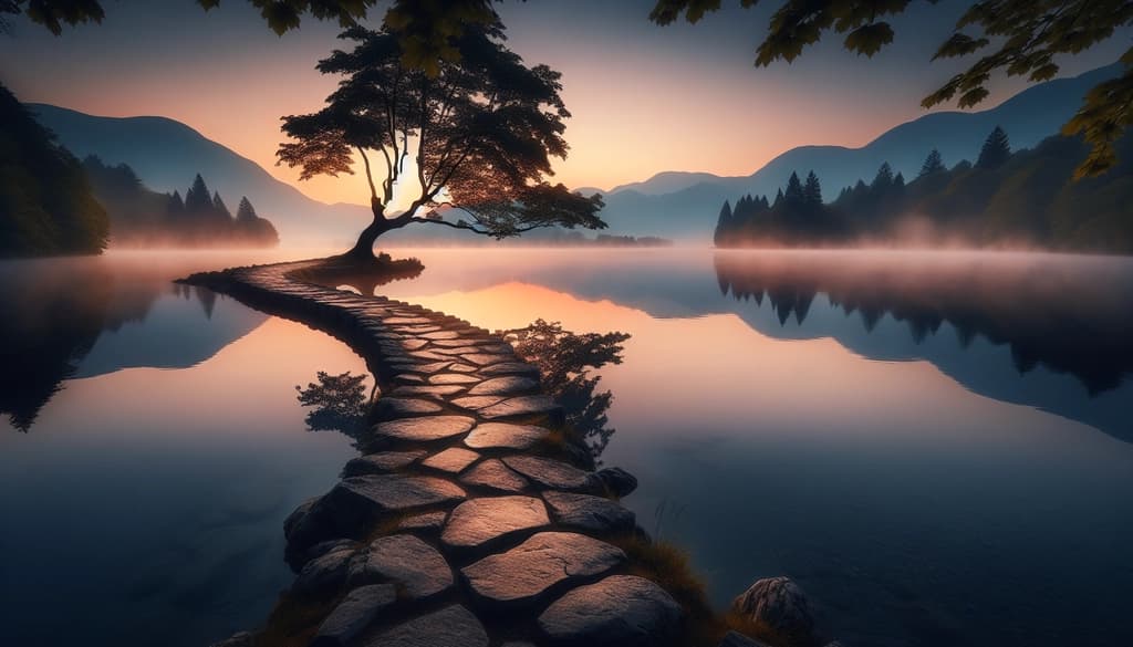 Stone path meeting a silent lake at dawn, one tree mirrored in the water.